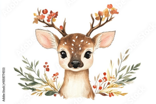 A delightful illustration of a charming deer adorned with rich autumn foliage, exuding innocence and warmth in a whimsical forest setting. photo