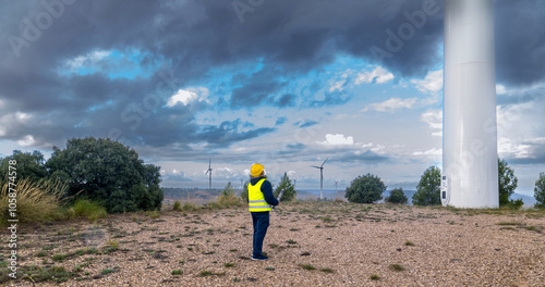 Engineer inspecting wind turbines in a wind farm under cloudy sky