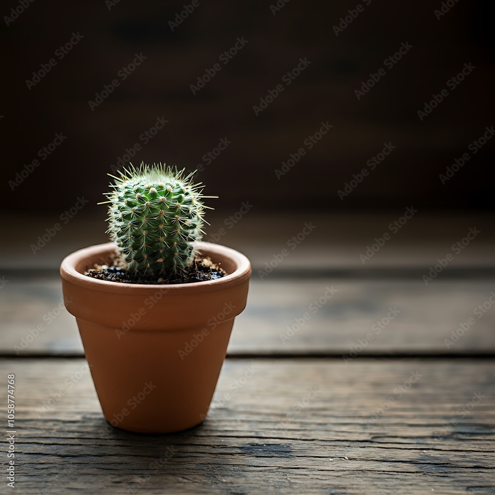 Miniature cactus in brown pot on rustic wooden table stock image Miniature cactus in brown pot on rustic wooden table stock image