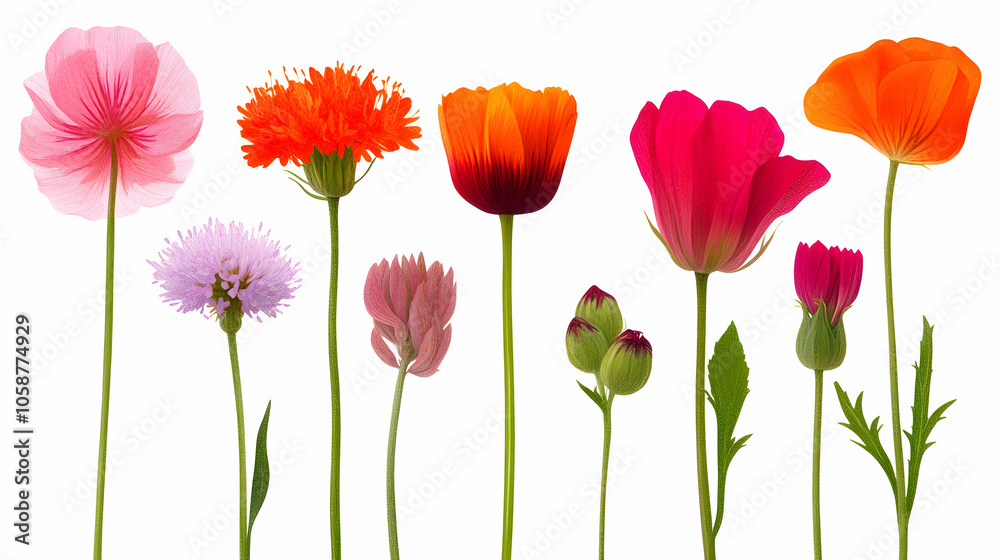 Fototapeta premium Colorful wildflowers isolated on white background.