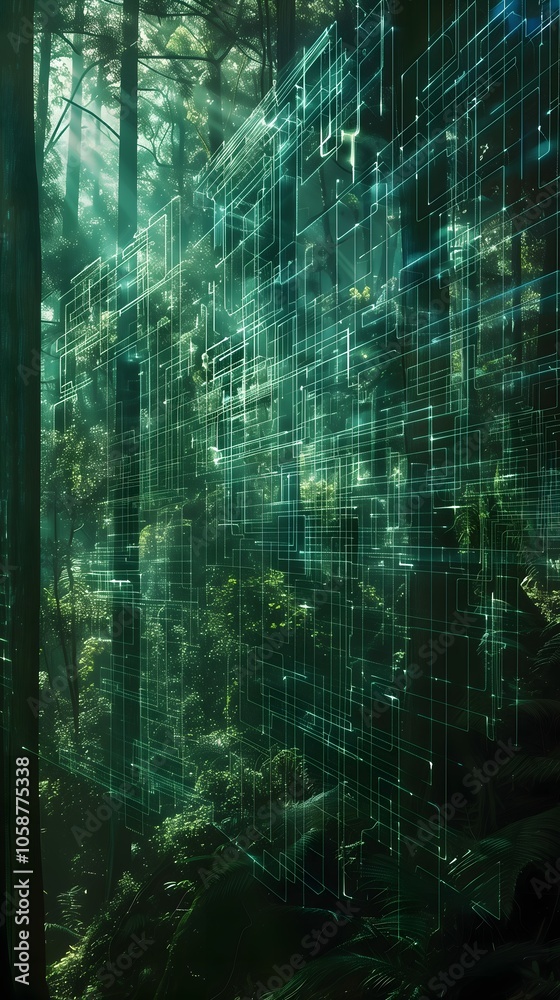 Surreal photography of a forest landscape where towering, translucent AI holograms of trees and wildlife blend seamlessly with real nature Surreal photography of a forest landscape where towering, translucent AI holograms of trees and wildlife blend seamlessly with real nature