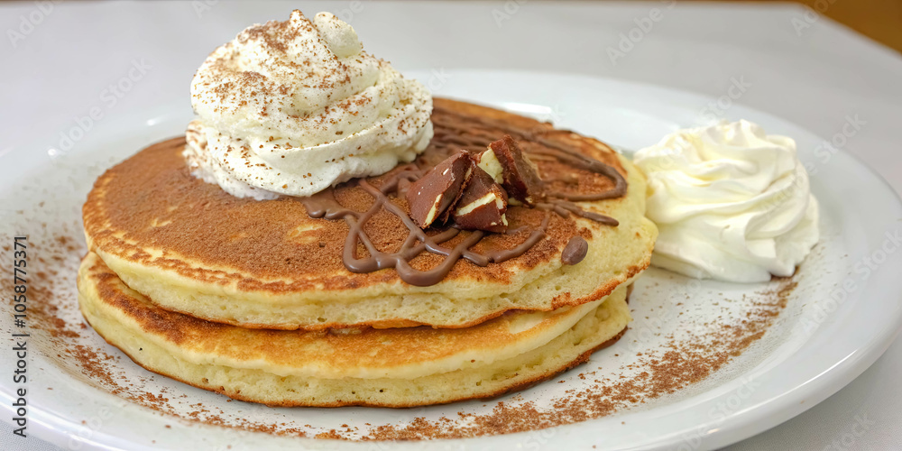 Sweet Indulgence A Stack of Golden Pancakes Topped with Whipped Cream, Chocolate Drizzle, and Delectable Chocolate Pieces on a White Plate with a Sprinkling of Cocoa Powder. Sweet Indulgence A Stack of Golden Pancakes Topped with Whipped Cream, Chocolate Drizzle, and Delectable Chocolate Pieces on a White Plate with a Sprinkling of Cocoa Powder.
