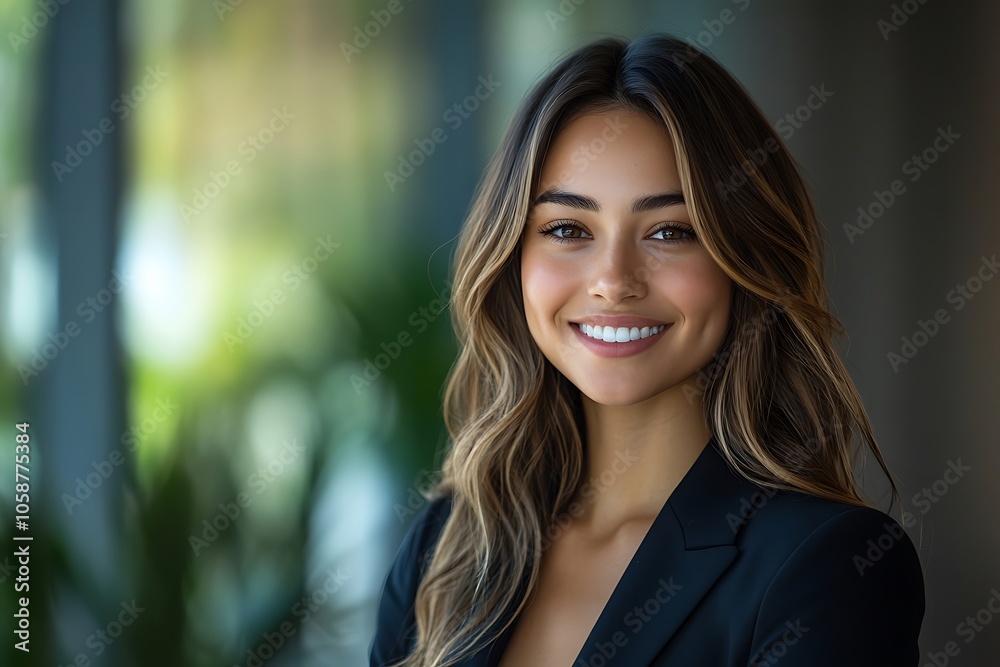 Professional Brunette Woman with Wavy Hair Smiling in Business Attire Professional Brunette Woman with Wavy Hair Smiling in Business Attire