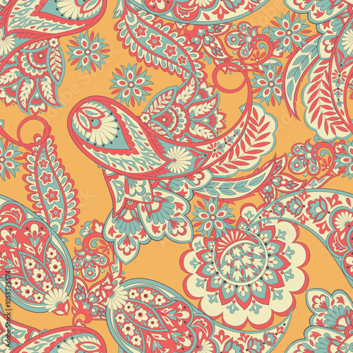 Paisley and ethnic flowers seamless vector pattern. floral vintage background