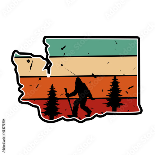 Sasquatch silhouette in Washington Forest with sunset sky grunge background, perfect for print, sticker, apparel, etc