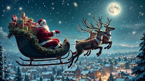 Santa Claus in his sleigh soaring over a snowy village, surrounded by twinkling lights and festive decorations.