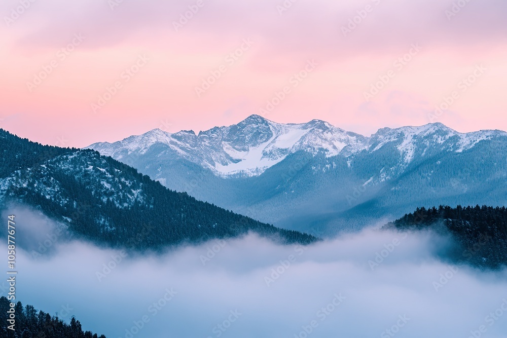 View of the mountain range with snow on top, soft pink sky. View of the mountain range with snow on top, soft pink sky.