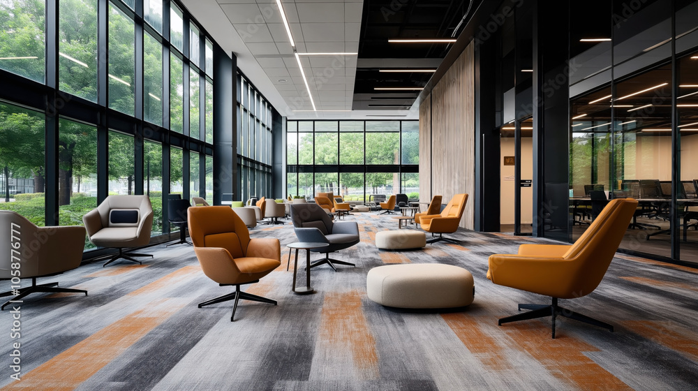 Modern office lounge area with vibrant orange and gray chairs, soft seating, and large windows overlooking greenery, featuring contemporary decor and open space. Modern office lounge area with vibrant orange and gray chairs, soft seating, and large windows overlooking greenery, featuring contemporary decor and open space.