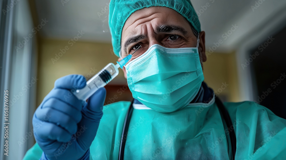 Medical professional wearing protective gear and mask holding a syringe, preparing for an injection, with a focused expression on the face, in a clinical setting. Medical professional wearing protective gear and mask holding a syringe, preparing for an injection, with a focused expression on the face, in a clinical setting.