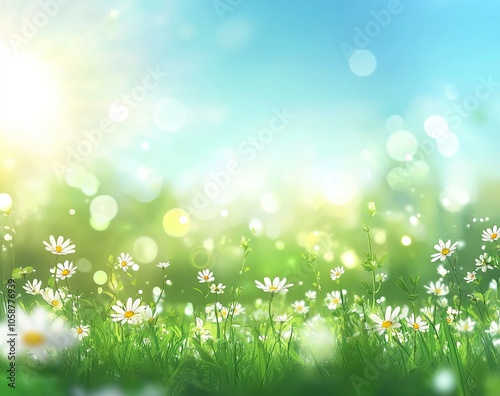 Beautiful spring background with blurred sun rays and on the green meadow, blue sky with clouds. 