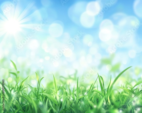 Beautiful spring background with blurred sun rays and on the green meadow, blue sky with clouds. 