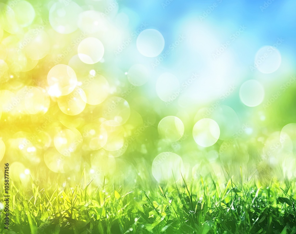 Obraz premium Beautiful spring background with blurred sun rays and on the green meadow, blue sky with clouds. 
