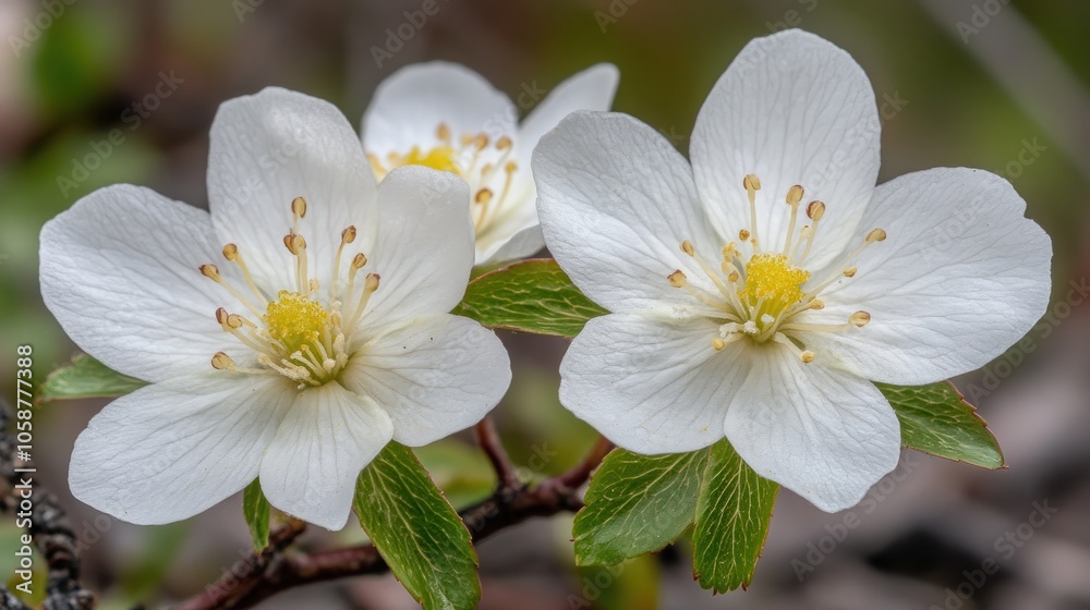 Obraz premium Two white flowers with yellow centers and green leaves.