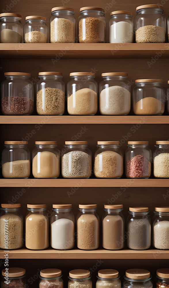 A variety of grains in glass jars neatly arranged on a wooden shelf, representing wholesome ingredients and mindful cooking. A variety of grains in glass jars neatly arranged on a wooden shelf, representing wholesome ingredients and mindful cooking.