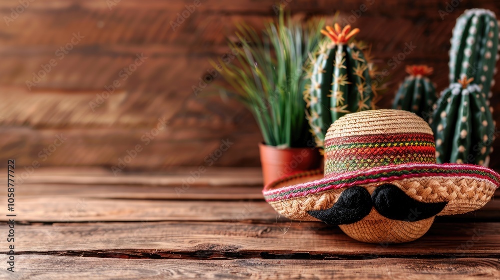 Mexican Background. Cinco de Mayo Party Decor with Cactus, Sombrero Hat, and Moustache on Wooden Table Mexican Background. Cinco de Mayo Party Decor with Cactus, Sombrero Hat, and Moustache on Wooden Table