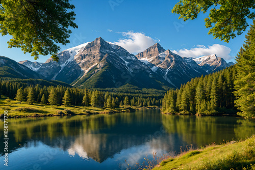 A lake with a mountain in the background and a lake in the foreground