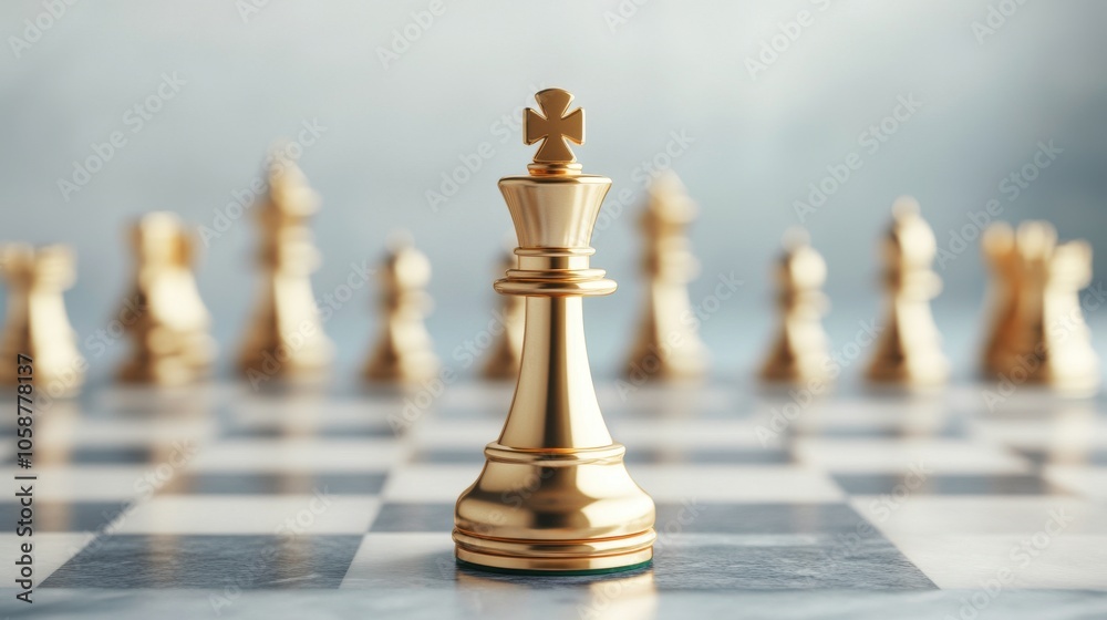 Golden chess king piece stands prominently among other pieces on a serene and blurred chessboard background.