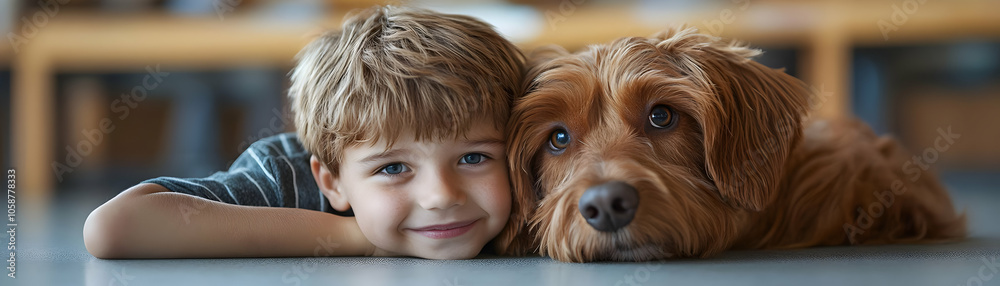 Child Learning Disabilities Therapy Dog Interaction Candid Image Classroom Connection Benefits Pet Therapy Enhancing Focus Learning Photo Stock Concept Child Learning Disabilities Therapy Dog Interaction Candid Image Classroom Connection Benefits Pet Therapy Enhancing Focus Learning Photo Stock Concept