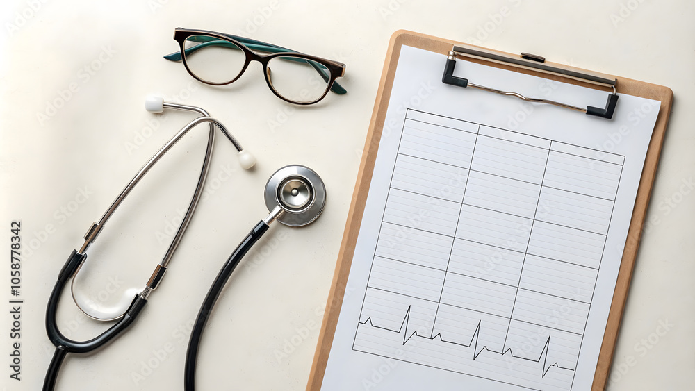 stethoscope, eyeglasses, and blank medical chart on clipboard create professional healthcare setting. tools symbolize patient care and medical examination
