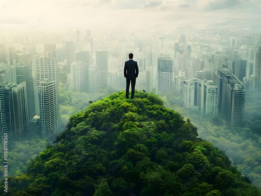 Fototapeta premium Businessman Overlooking Green Urban Landscape Visualizing Sustainable Future
