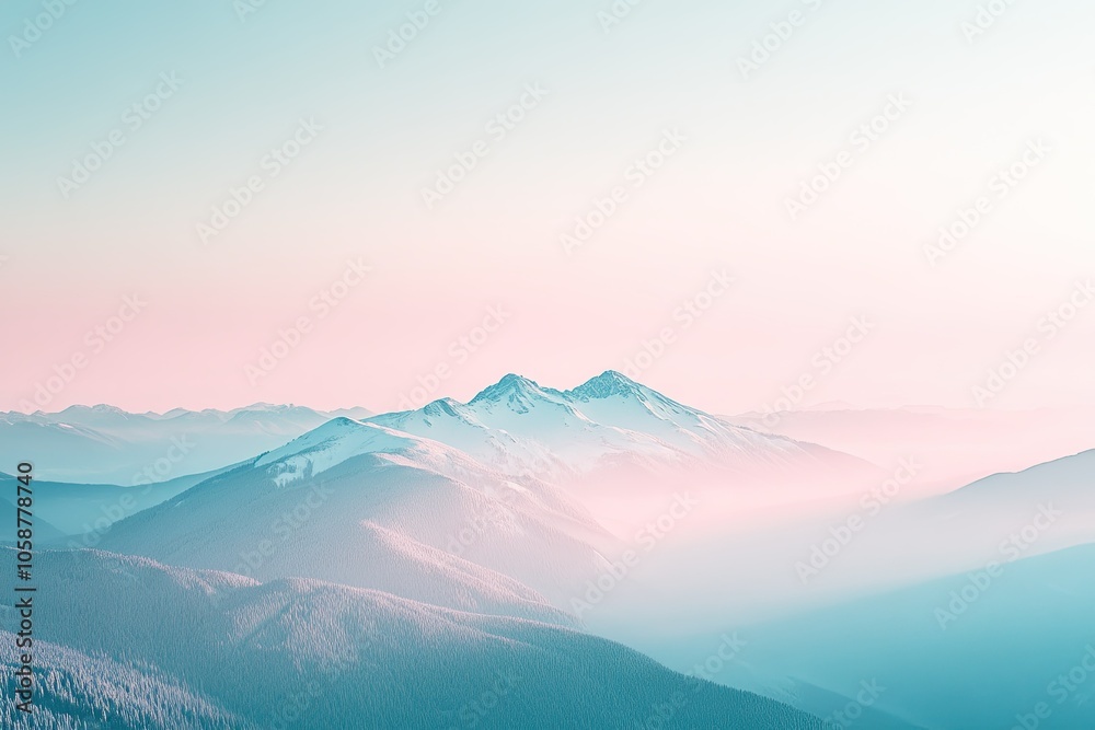 View of the mountain range with snow on top, soft pink sky. View of the mountain range with snow on top, soft pink sky.