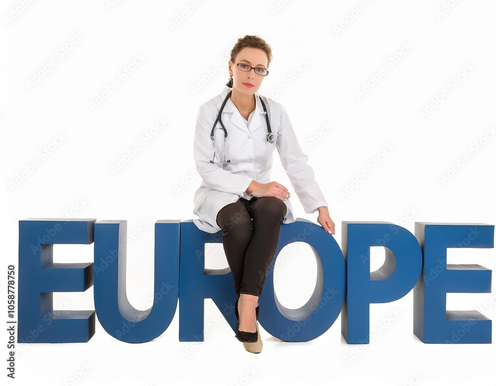 Female doctor sitting on europe sign representing lack of healthcare professionals Female doctor sitting on europe sign representing lack of healthcare professionals