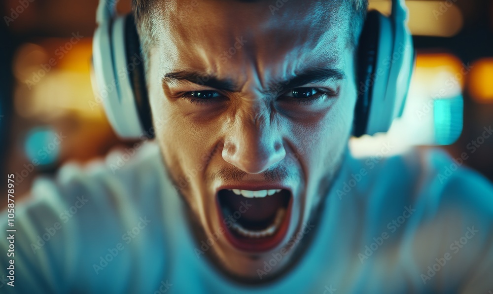 A young man expresses intense emotion while gaming, wearing a headset. His focused face and dramatic posture highlight the excitement and competitiveness of his activity. A young man expresses intense emotion while gaming, wearing a headset. His focused face and dramatic posture highlight the excitement and competitiveness of his activity.