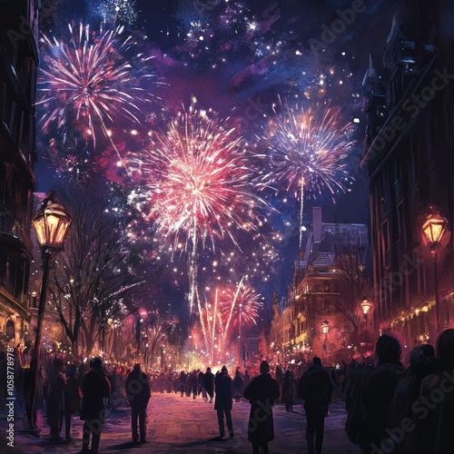 New Year Eve street parade with fireworks