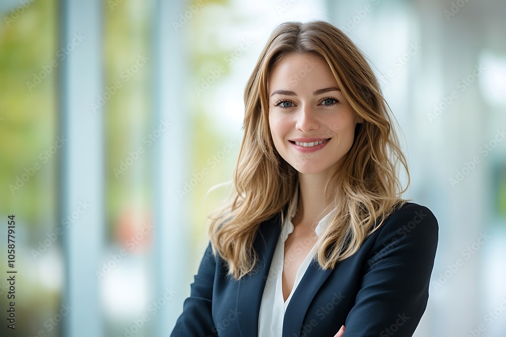 Happy Female Entrepreneur in a Blue Suit Smiling Happy Female Entrepreneur in a Blue Suit Smiling
