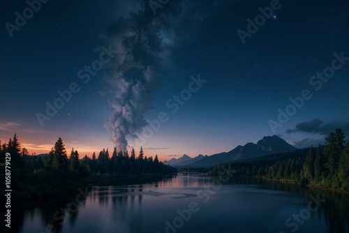 A night time photo of a lake with rocks and a mountain in the background