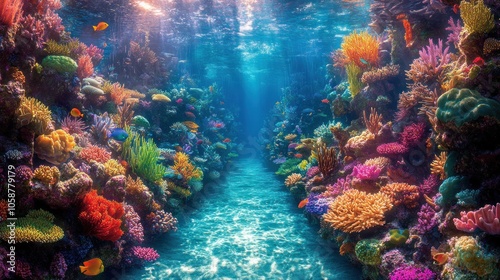Fototapeta Naklejka Na Ścianę i Meble -  A vibrant coral reef teeming with life, bathed in sunlight.