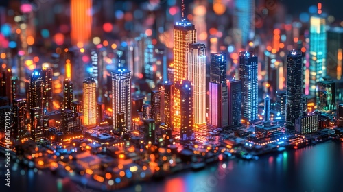 A high-tech miniature city with illuminated buildings, circuit technology