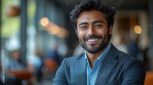 happy indian bank employee smiling confidently at the camera while standing in a modern office environment, embodying the spirit of professionalism and positivity