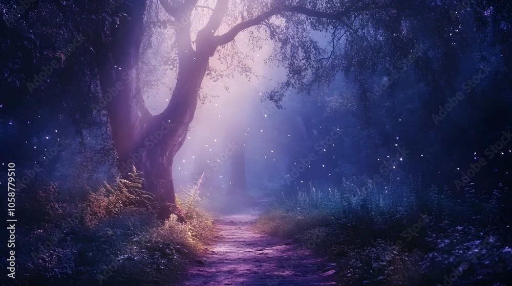 Magical fantasy fairy tale scenery night in a forest Magical fantasy fairy tale scenery night in a forest
