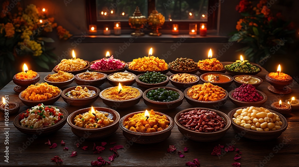 Group of Food Bowls Accompanied by Candles Group of Food Bowls Accompanied by Candles