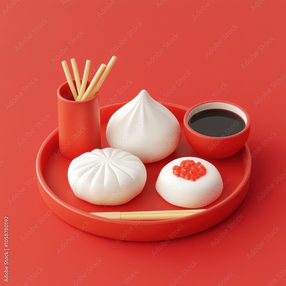 Minimalist Still Life with Asian Cuisine on a Red Background Minimalist Still Life with Asian Cuisine on a Red Background