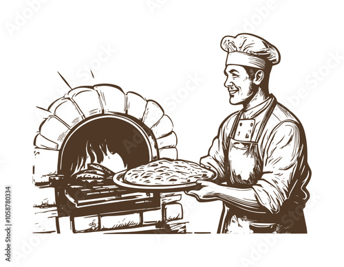 Baker holding baking pan into wood oven. Vector illustration in retro style