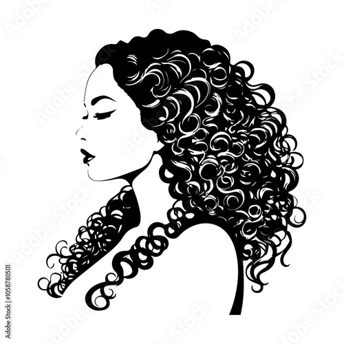Beautiful girl with curls of hair silhouette beauty salon and hairdresser on white background