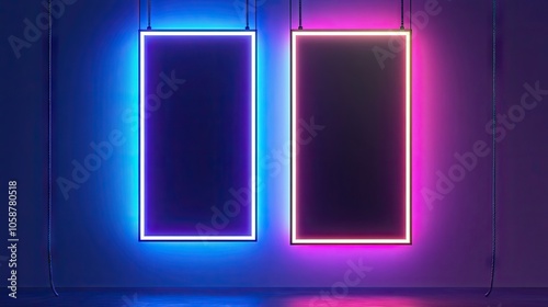 Mockup of two stylish LED tubes designed for blacklight posters, suspended on ropes in an artistic studio setting. The vertical light frames provide a modern touch to the rooms decor.