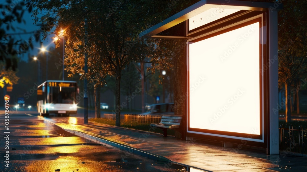 A night scene at a city bus stop with a white billboard, a bus on a wet road, street lights, and trees, creating a quiet urban setting. A night scene at a city bus stop with a white billboard, a bus on a wet road, street lights, and trees, creating a quiet urban setting.