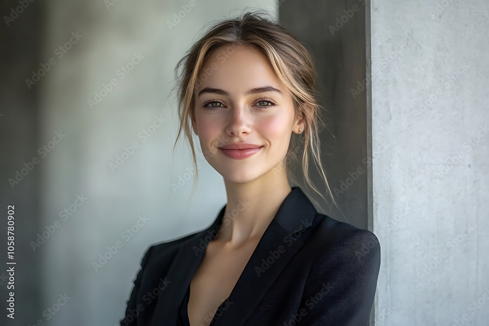 Happy Woman in Black Blazer Studio Portrait Against Concrete Wall Happy Woman in Black Blazer Studio Portrait Against Concrete Wall