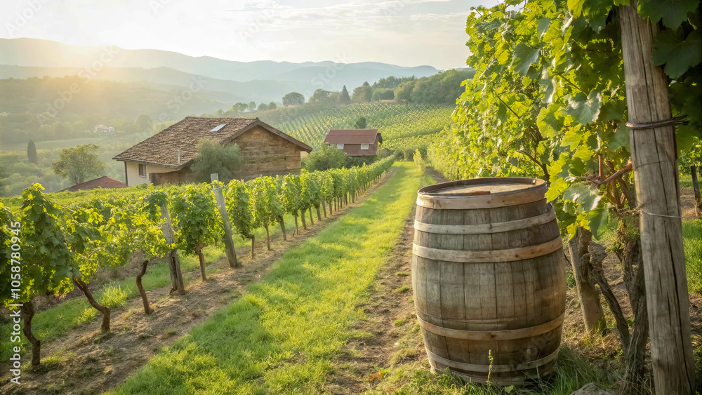 A wooden barrel rests amongst rows of grapevines and rolling hills, promising the rich flavor of a vintage wine. A wooden barrel rests amongst rows of grapevines and rolling hills, promising the rich flavor of a vintage wine.