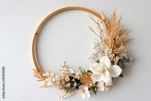 A Stunning Floral Wreath Featuring Elegant White Blooms and Dried Grasses, Perfectly Framed for a Chic Decor Statement. photo