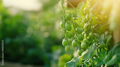 Fresh green peas with a soft focus background create an ideal photo style for incorporating text. The vibrant fresh green peas stand out, offering appealing copy space. photo