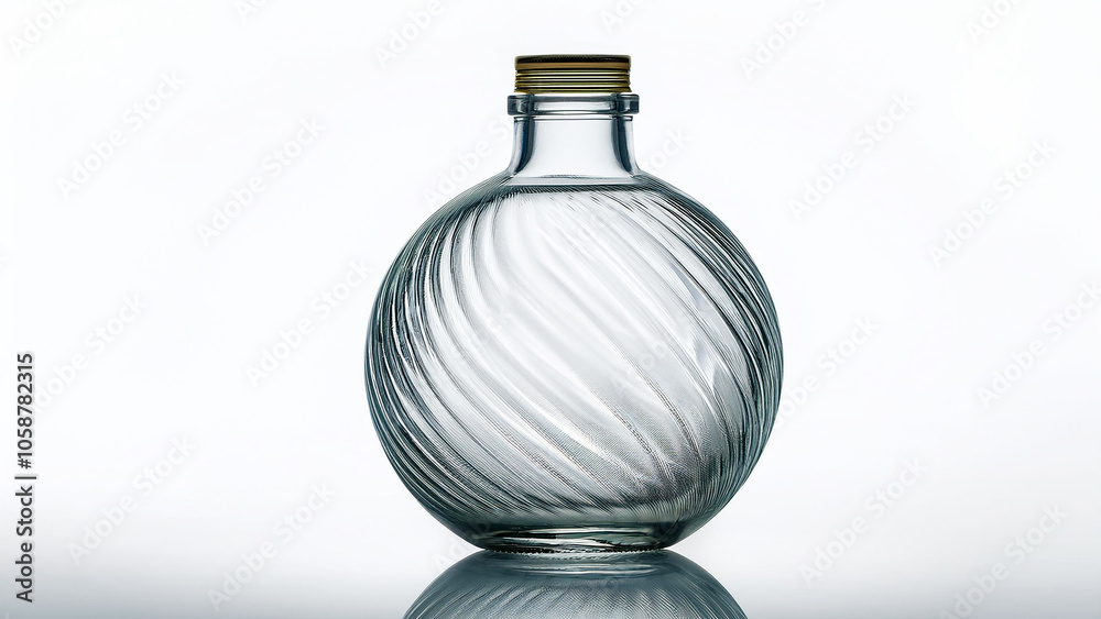 Transparent Round Glass Bottle Isolated on White Background.