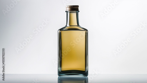 Glass bottle, light brown, on a white background.