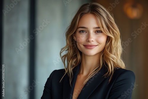 Modern Woman with Wavy Hair Smiling in Office Environment Headshot