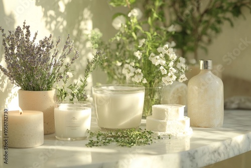 Wallpaper Mural Beautiful arrangement of candles and herbs on a marble surface. Soft natural lighting enhances the tranquil setting. Perfect for relaxation. Generative AI Torontodigital.ca