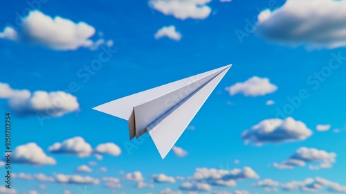 White paper airplane is flying in the sky above a cloudy blue sky. Concept of freedom and adventure, as the paper airplane soars through the air with ease