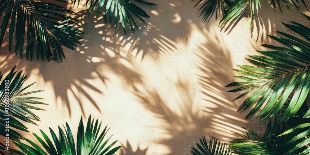 A high quality photo captures the shadow of tropical palm leaves, creating a blurred effect on a sandy background with space for text. It evokes summer vibes from a top perspective. A high quality photo captures the shadow of tropical palm leaves, creating a blurred effect on a sandy background with space for text. It evokes summer vibes from a top perspective.